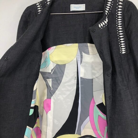 Emilio Pucci Dark Blue Shell Beaded Designer Evening Linen Jacket size 12 - Picture 6 of 11
